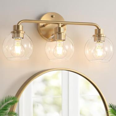 Imagem de Watyo Luminária dourada com 3 arandelas de parede para banheiro, cozinha, sala de estar, quarto, corredor, entrada 40 x 17 x 23 cm, modernas luzes de latão escovado dourado com persianas de vidro