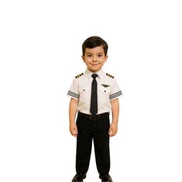 Imagem de Fantasia Piloto de Avião Infantil Branca Bordado Gravata Luxo - Confec
