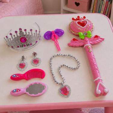 Imagem de Kit Brinquedo Infantil Princesa Coroa Varinha Encantado Rosa - Genéric