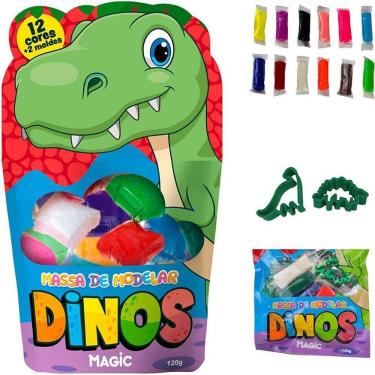 Imagem de Massa de Modelar Dino 120g com 12 Cores e 2 Moldes de Dinossauros Criativa Estofados