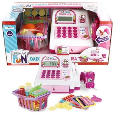 Imagem de Caixa Registradora de Brinquedo Rosa com Calculadora Funcional e Acessórios de Mercado Multikids