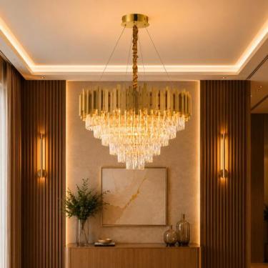 Imagem de Luminária Pendente Lustre Luxuoso Dourado e Cristais Vana Sindora INL1