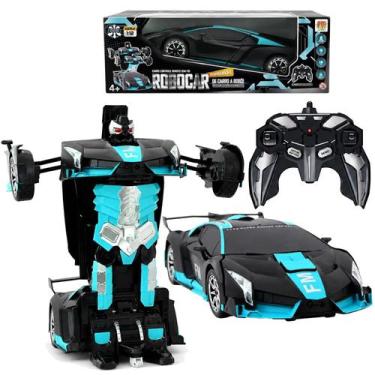 Imagem de Carrinho Azul Com Controle Remoto Transformação Vira Robô Bateria Reca