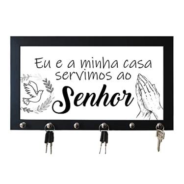 Imagem de Porta Chaves com Moldura com 6 ganhos Eu e a Minha Casa Servimos ao Senhor (Preto)