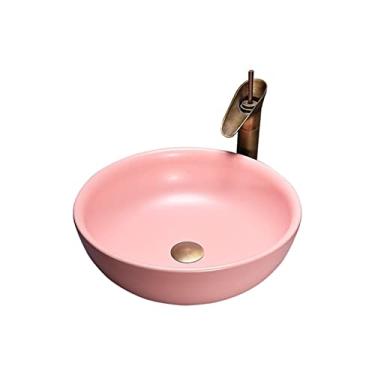 Imagem de jinyi2016SHOP Pia de vaso redonda para pia de banheiro 41 x 41 cm, pia de banheiro rosa acima do balcão de porcelana pequena com torneira e ralo de pia de banheiro