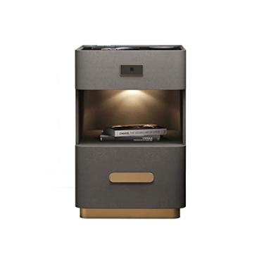 Imagem de Mesas de apoio para cama, lâmpada de indução inteligente para quarto de cabeceira mesa de cabeceira com impressão digital, desbloqueio de impressões digitais, gaveta de armazenamento divisória mesa de cabeceira mesas de cabeceira para quarto (cor: cinza, comprimento: 30 cm)