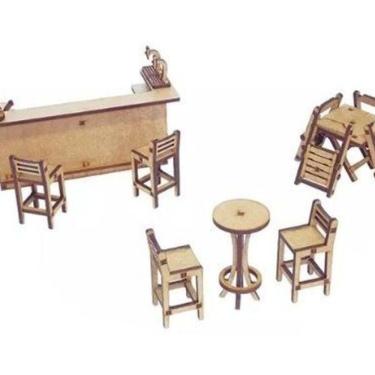 Imagem de Kit Miniatura Bar Barzinho 11 Peças Mesa Balcão Bistrô Mdf