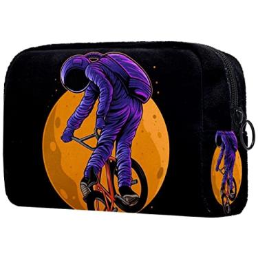 Imagem de Bolsa de maquiagem cosmonauta bicicleta universo pequena bolsa de cosméticos de viagem pano oxford leve bolsa organizadora de cosméticos para mulheres 7,3 x 3 x 5,1 polegadas