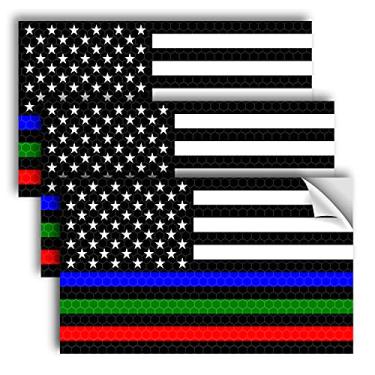 Imagem de Adesivo refletivo de 3 peças com a bandeira americana – 12,7 x 7,6 cm – decalque azul verde e vermelho – decalques da bandeira dos EUA – apoio para militares de polícia e bombeiros dos EUA Tropas carro caminhão para-choque automotivo
