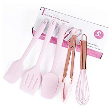 Imagem de lnndong - Conjunto de mini ferramentas de cozinha de silicone rosa de 5 peças, conjunto de pá, kit de assar bolo, com espátula, batedeira de ovos e clipe, pequenos utensílios de cozinha.