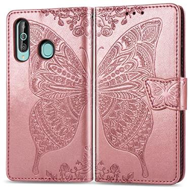 Imagem de CHAJIJIAO Capa flip capa carteira para Samsung Galaxy A60, capa de telefone carteira flip bumper à prova de choque / alça de pulso/coldre floral padrão borboleta carteira capa traseira do telefone (cor: rosa rosa)