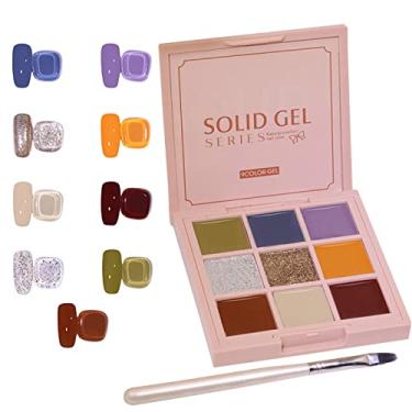 Imagem de Yajun Kit de paleta de gel de unhas sólido com pincel para pintar, design de arte de unhas, Glitter semipermanente, conjunto de manicure em creme, para sala de estar, 9 cores, E, 80 G