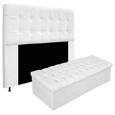 Imagem de Kit Cabeceira e Calçadeira Baú Estofada Mel 195 cm King Size Com Capitonê Suede Branco - Doce Sonho Móveis