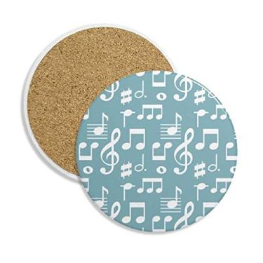 Imagem de Caneca de porta-copos azul branca com notas musicais, suporte redondo e pedra absorvente, 2 peças