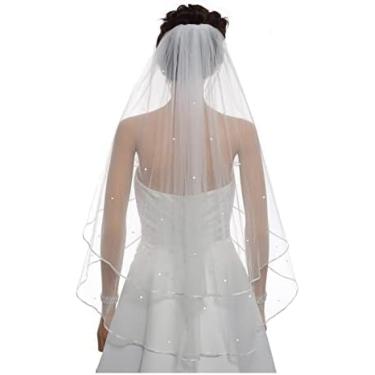 Imagem de Véu De Noiva 2 Camadas Fita Borda Centro Strass Cristal Véu De Noiva,Branco,Um Tamanho,Constructive23