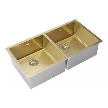 Imagem de Cuba Dupla Inox Quadrada Cozinha Pia Gourmet Nano Dourada