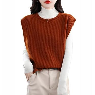Imagem de Colete de malha de lã com decote redondo feminino solto sem mangas camisola pulôver colete (cor caramelo xl)