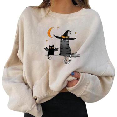 Imagem de Moletom feminino com estampa de Halloween, gola redonda, pulôver, tops, camisas casuais de manga comprida, blusa solta/386 (Color : A08-beige, Size : X-Large)