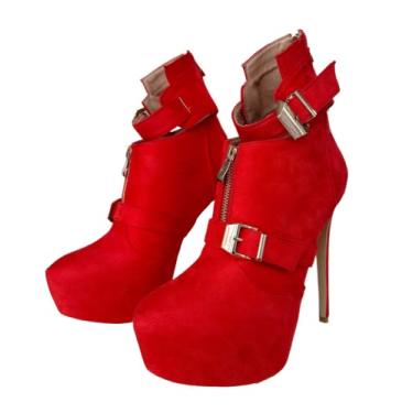Imagem de Frankie Hsu Bota de salto alto sexy unissex clássica plataforma stiletto, camurça sintética vermelha, estilo clássico, grande, tamanho 38-50, botas de cano curto adequadas para mulheres e homens,