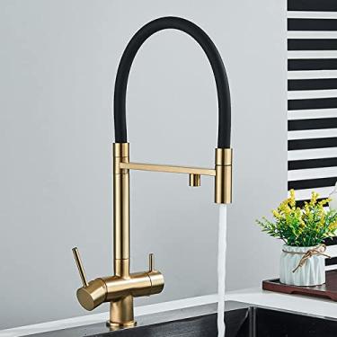 Imagem de Torneira purificada de cozinha cinza/preta/cromada, alça dupla, misturador de água fria e quente, filtro de água, torneira moderna, ouro escovado