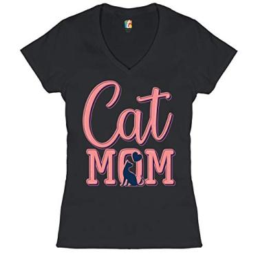 Imagem de Camiseta feminina Cat Mom gola V Dia das Mães I Love My Cat Mommy Pet Lover, Preto, M