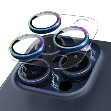 Imagem de Kanosan Para iPhone 15 Pro/iPhone 15 Pro Max Protetor de lente de câmera com glitter, acrílico transparente Plus anel de liga de alumínio 9H capa de câmera de tela de vidro temperado para iPhone 15 Pro Max/15 Pro, azul + colorido
