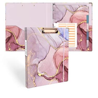 Imagem de Ospelelf Fichário com 3 anéis de 1/2 polegada, fichário fofo para tamanho carta (28 cm x 21,5 cm) com 5 divisórias de abas, etiquetas de pasta de arquivo e pranchetas de perfil baixo, fichário de mármore rosa para material escolar e material de escritório