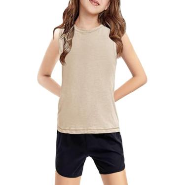 Imagem de Haloumoning Camiseta regata infantil sem mangas atlética leve linda verão roupa de dança 5-14 anos, Bege, 13-14 Anos