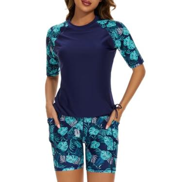 Imagem de Tournesol Camiseta feminina de duas peças Rash Guard manga curta FPS 50+ sutiã embutido com shorts com bolsos, Azul marinho e folha verde, 3G