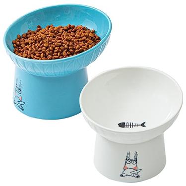 Imagem de TAMAYKIM Tigelas de cerâmica elevadas extra largas inclinadas para gatos de 16,5 cm, tigelas de comida e água para gatos idosos e cães pequenos, prato de alimentação de animais de estimação de base