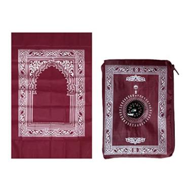 Imagem de Abiyou 1 tapete de oração muçulmana, poliéster, tapete portátil para viagem com bússola, vermelho, 60 cm x 100 cm