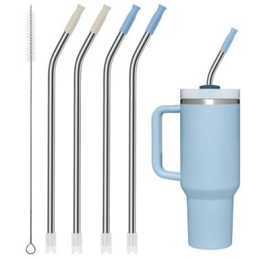 Imagem de Bluwing Canudos de metal reutilizáveis com pontas de silicone para copo Stanley Adventure Travel de 1,18 L, pacote com 4 acessórios de canudo longos de substituição para copo Stanley (cinza creme/azul