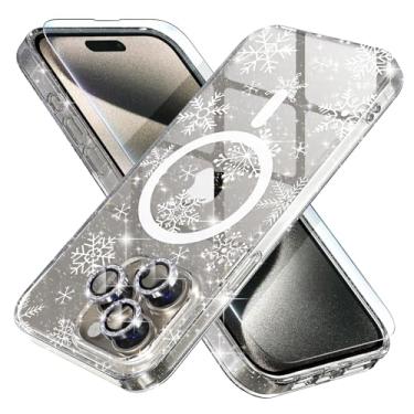 Imagem de Choiche Capa magnética para o Natal iPhone 15 Pro, capa feminina brilhante brilhante com glitter, [3 protetores de lente de câmera diamante] [2 protetores de tela de vidro temperado] (floco de neve com glitter)