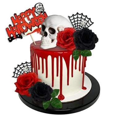 Imagem de 11 PCS Halloween Cake Topper Flower Cake Topper Ghost Decorations with Skeleton Zombie Tombstone Scarlet Toppers for Halloween Bloody Horror Movie Birthday Party Cake Decorations (Red)