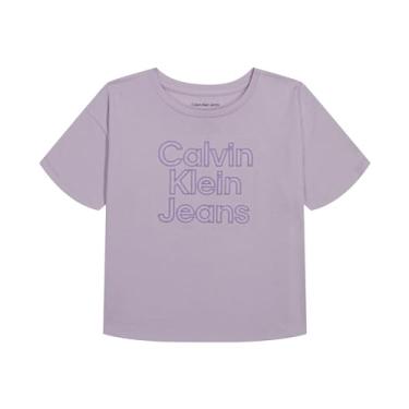 Imagem de Calvin Klein Camiseta feminina com logotipo de manga curta, ajuste confortável com interior sem etiqueta, Pilha de pétalas de orquídea, 8-10