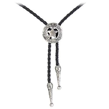 Imagem de AZORA Western Cowboy Bolo Gravata masculina de couro com pingente de corda e pingente de joia trançada para homens, meninos e meninas, Estrela - prata, Adjustable