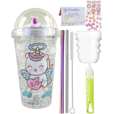 Imagem de seelucky Copo de viagem de unicórnio com canudo brilhante copo de gelo freezer caneca copo de plástico piquenique festa presente de aniversário (anjo unicórnio 1, 450)