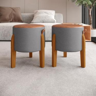 Imagem de Kit Puf Puff Banqueta Redondo Linho Com Couro 42x34x34 Luma Luxo Decorativo Retro Vintage Casa Jd Móveis (CINZA COM CARAMELO)