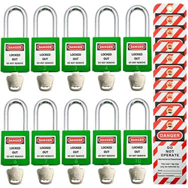 Imagem de Fechaduras de identificação de bloqueio, cadeados de segurança, fechaduras de loto com chave diferente para dispositivo de bloqueio de plástico com etiquetas de identificação de bloqueio