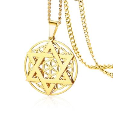 Imagem de Colar hexagrama em flor da vida para mulheres e homens, colar de estrela judaica, pingente de geometria sagrada, mandala, joia de presente, One Size, Aço inoxidável, Sem Pedra Preciosa