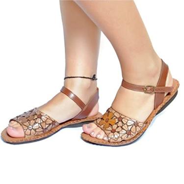 Imagem de Sandalia Flores Clean Feminino Couro Solado Borracha Antiderrapante Fivela Moderna Tendencia Tamanho:39;Cor:Marrom;Gênero:Feminino;Departamento BS:Esporte