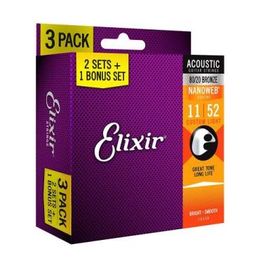 Imagem de Kit 3 Encordoamentos Violão Elixir Nanoweb 011 052 Custom Light 16538