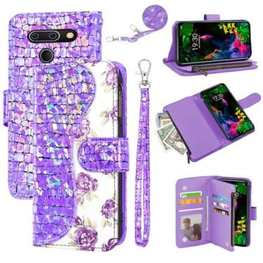 Imagem de Dibosom Capa carteira floral para LG G8 ThinQ com alça de pulso alça de ombro flip zíper bolsa porta-cartões, capa de celular com glitter para LGG8 Thin Q G 8 LG8 G8thinq LGG8thinq 8G Roxo