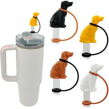 Imagem de HomDsg Tampa de palha de cachorro compatível com Stanley Cup 30 1,134 g, pacote com 4 lindos topos de palha de silicone, presente engraçado, acessórios para copo Stanley Cup