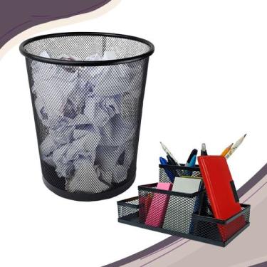 Imagem de Kit Organizador de Mesa e Lixeira de Escritório Prata ou Preto - Marky