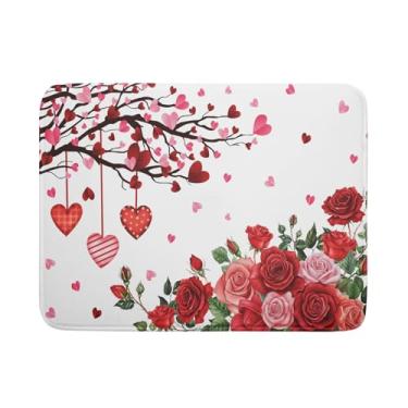 Imagem de Giwawa Tapete de secagem de pratos Happy Valentines Day para bancada de cozinha, tapetes de escorredor de pratos com corações vermelhos e flores rosas, almofada de secagem de pratos absorvente