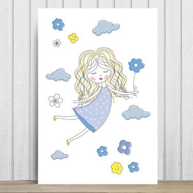 Imagem de Placa Decorativa MDF Infantil Menina e Flores Azuis 30x40cm - Quartinh