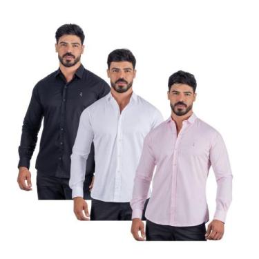 Imagem de Camiseta Social Manga Longa Masculina Kit Preto Branco Azul - vtop, M