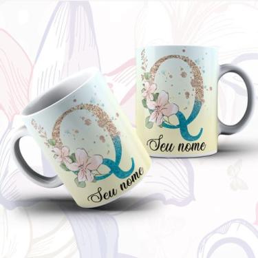 Imagem de Caneca Porcelana Alfabeto Floral Glitter Personalizada Com Inicial E N