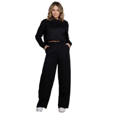 Imagem de Conjunto Cropped e Calça Wide Leg Moletinho Serra e Mar Manga Longa Flare Pantalona Moda Casual-Feminino